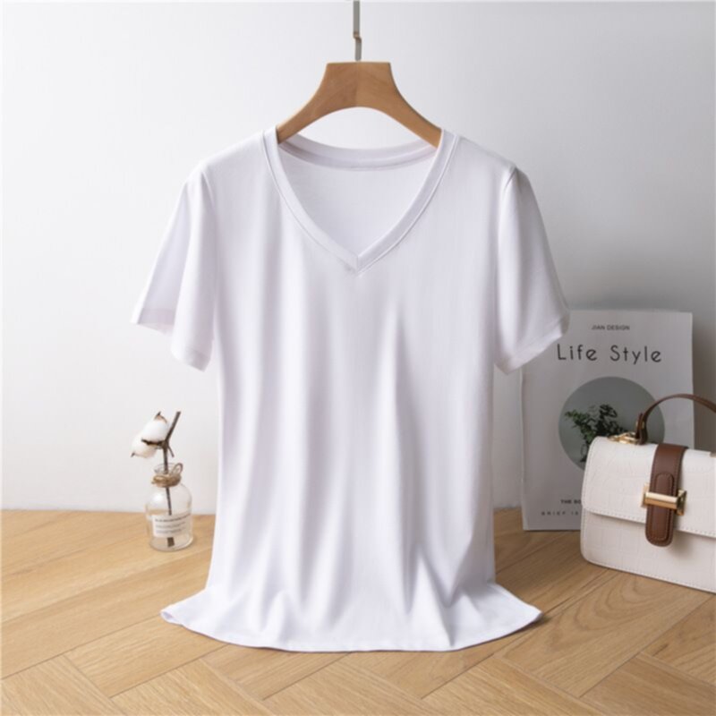 Summer Coloful Women Tops Cotton V-Neck T-Shirt